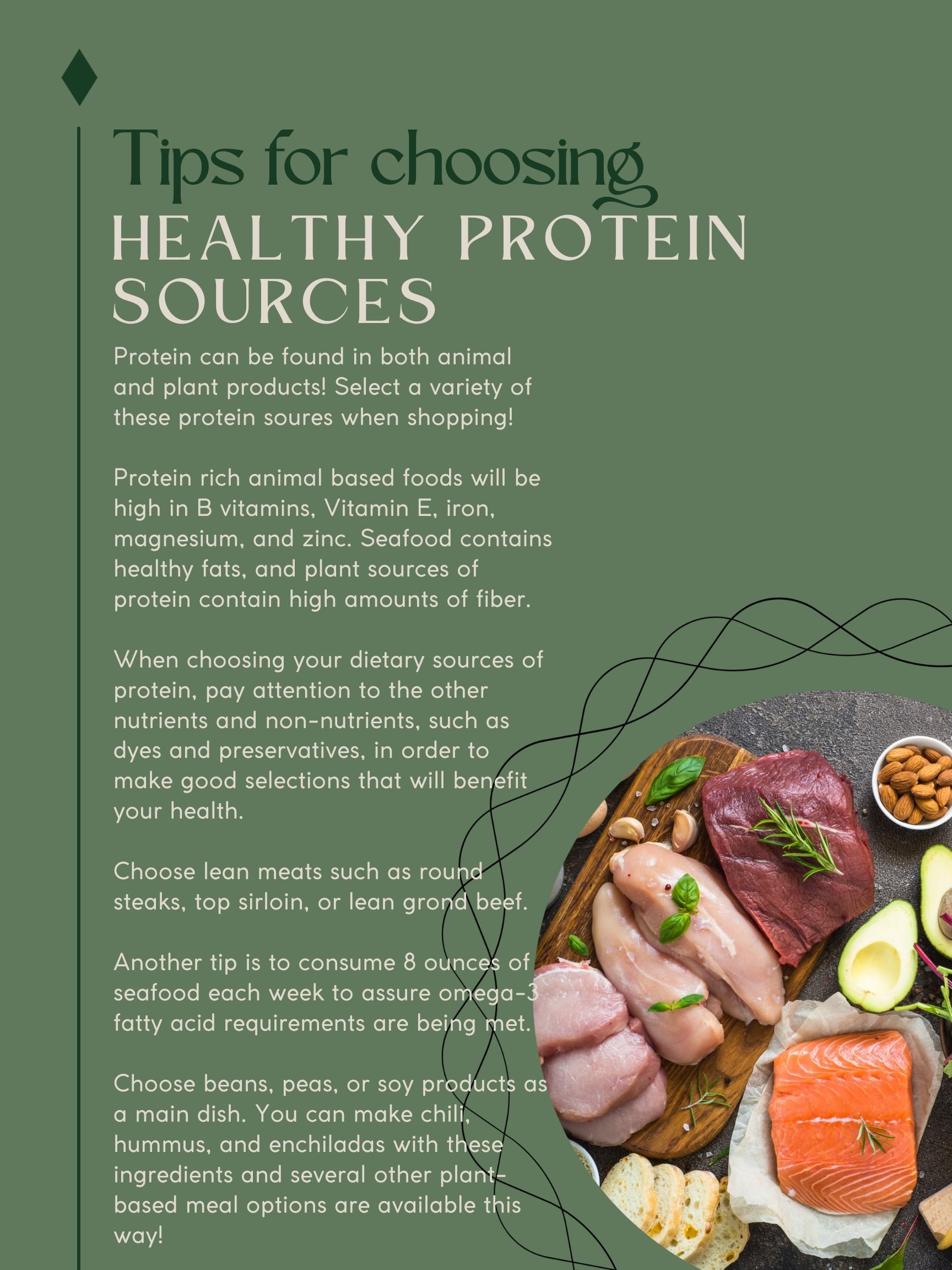 Infographic summarizing tips for choosing healthy protein sources