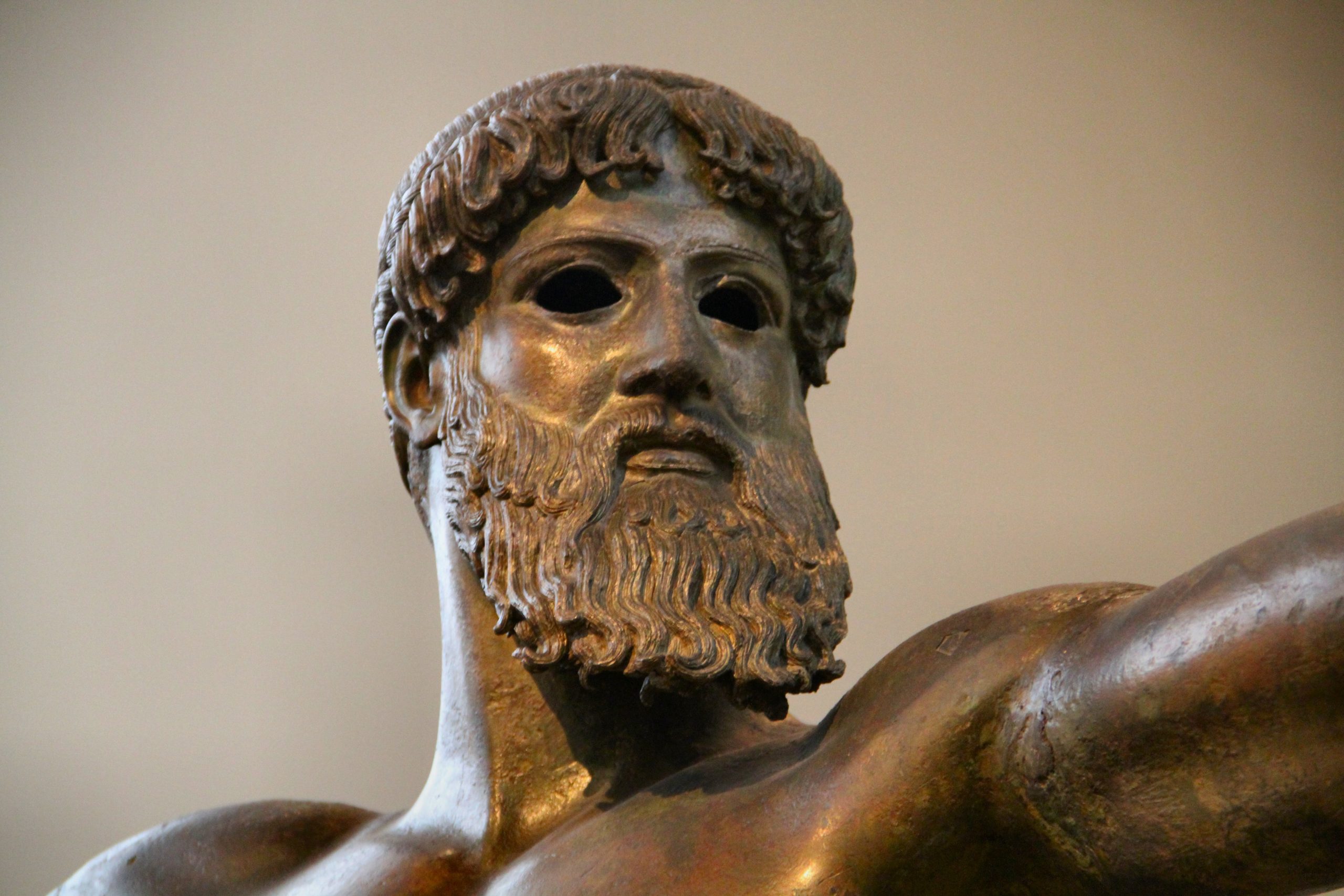 Artemision Zeus or Poseidon (Detail of Face), bronze, ca. 460 B.C.E. (National Archaeological Museum, Athens). Photo by dynamosquito, CC BY-SA 2.0.