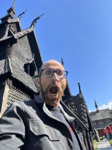 Me standing in total awe in front of the Borgund Stave Church, Norway, 2023. Photo: Selfie by Asa Mittman
