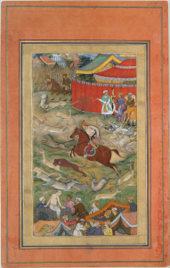 Manohar, Hamid Bhakari Punished by Akbar, ink, watercolor, and gold on paper, ca. 1604 (Metropolitan Museum of Art, New York). Photo: Public Domain.