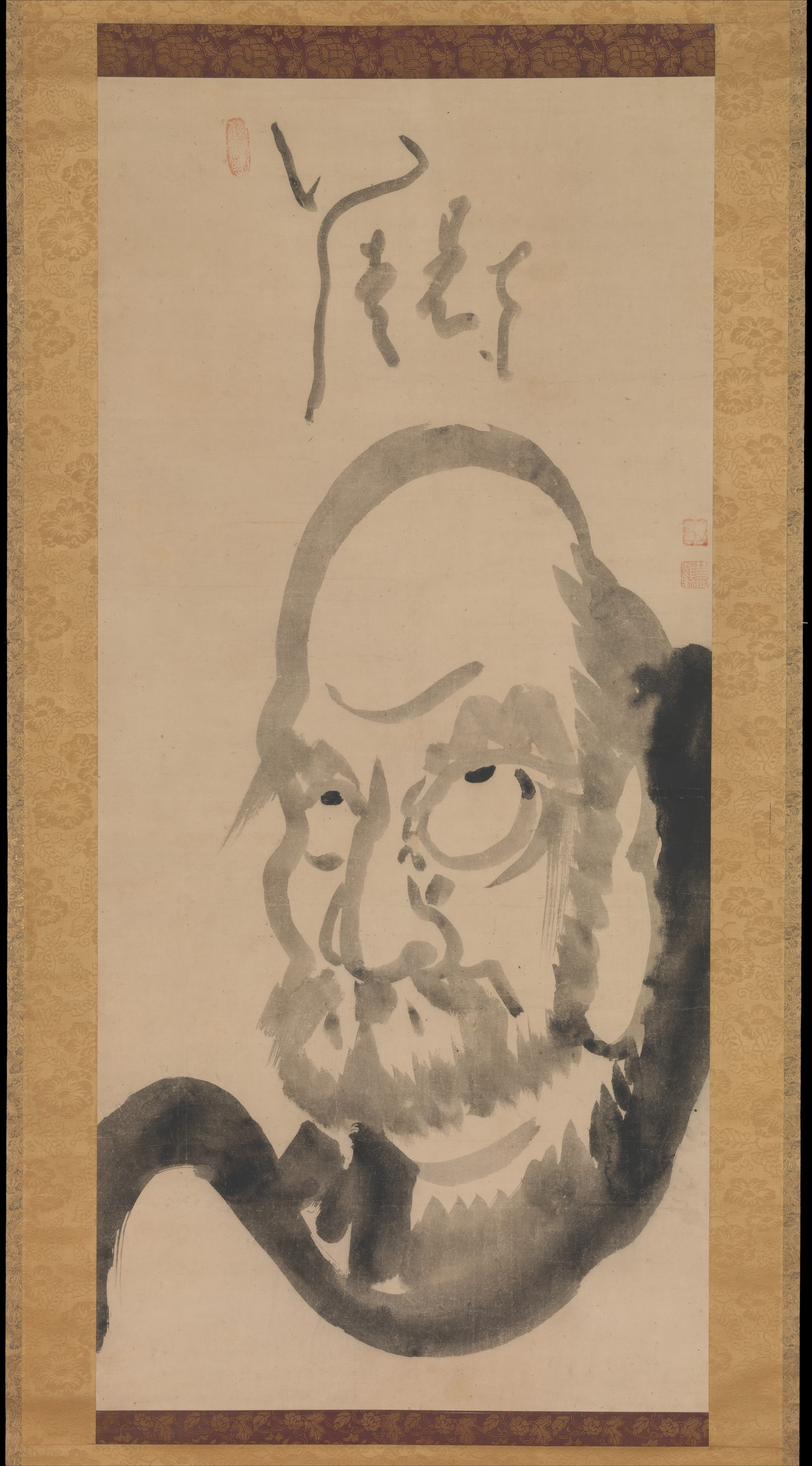Hakuin Ekaku, Portrait of Bodhidharma, hanging scroll, ink on paper, mid-eighteenth century (Metropolitan Museum of Art, New York). Photo: Public Domain.Portrait of Daruma, Japan, Edo period (1615–1868) Hanging scroll; ink on paper; Image: 45 7/8 x 21 1/4 in. (116.5 x 54 cm) The Metropolitan Museum of Art, New York, Gift of Florence and Herbert Irving, 2015 (2015.500.9.3) http://www.metmuseum.org/Collections/search-the-collections/78145