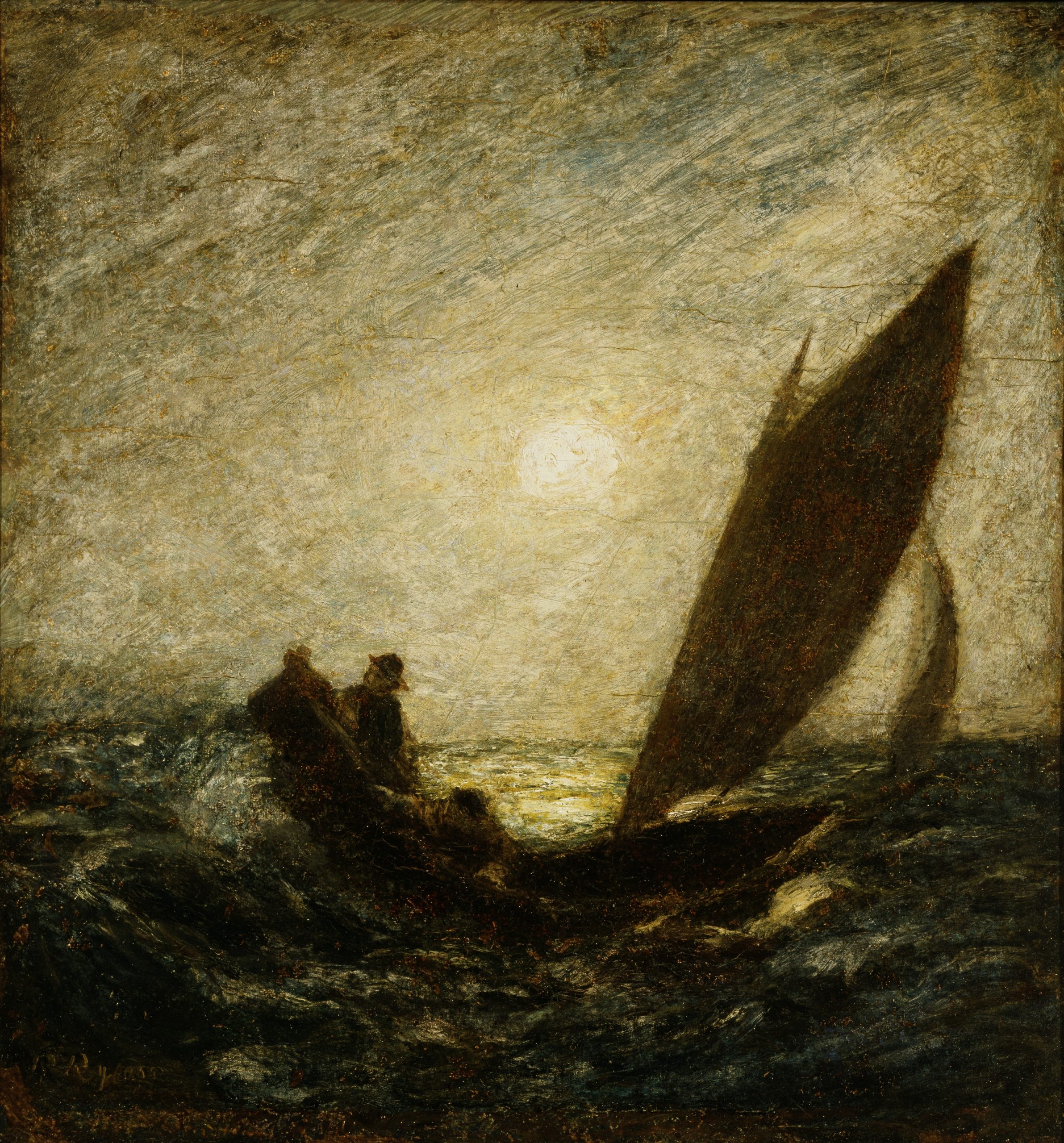 Albert Pinkham Ryder, With Sloping Mast and Dipping Prow, oil on canvas mounted on fiberboard, ca. 1880-1885 (Smithsonian American Art Museum, Washington D.C.). Photo: Public Domain.