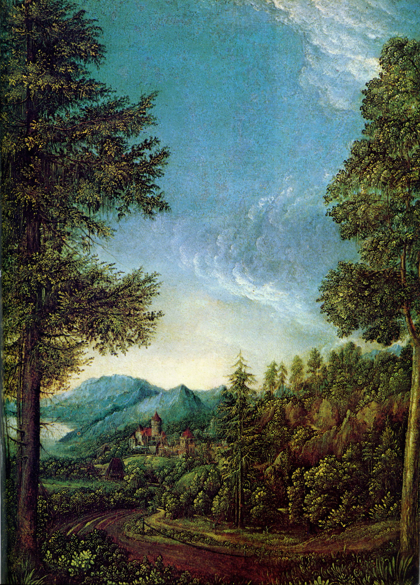 Albrecht Altdorfer, Landscape of the Danube Near Regensburg, oil on canvas, ca. 1522-25 (Alte Pinakothek, Munich). Photo by Rainer Zenz, Public Domain.