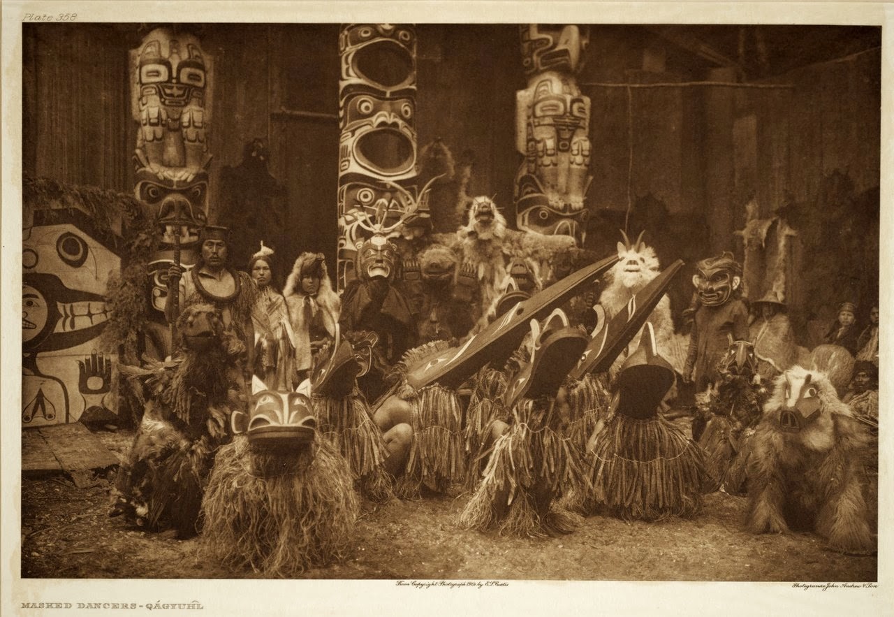 Edward S. Curtis, Kwakwaka'wakw potlatch, British Columbia, ca. 1900, from Curtis's The North American Indian (1907-1930). Image: Public Domain.