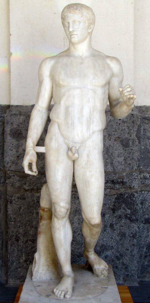 Polykleitos, Doryphoros, marble, ca. 450-440 B.C.E. (Museo Archaeologico Nazionale, Naples). Photo (cropped): CC BY-NC-SA 2.0.