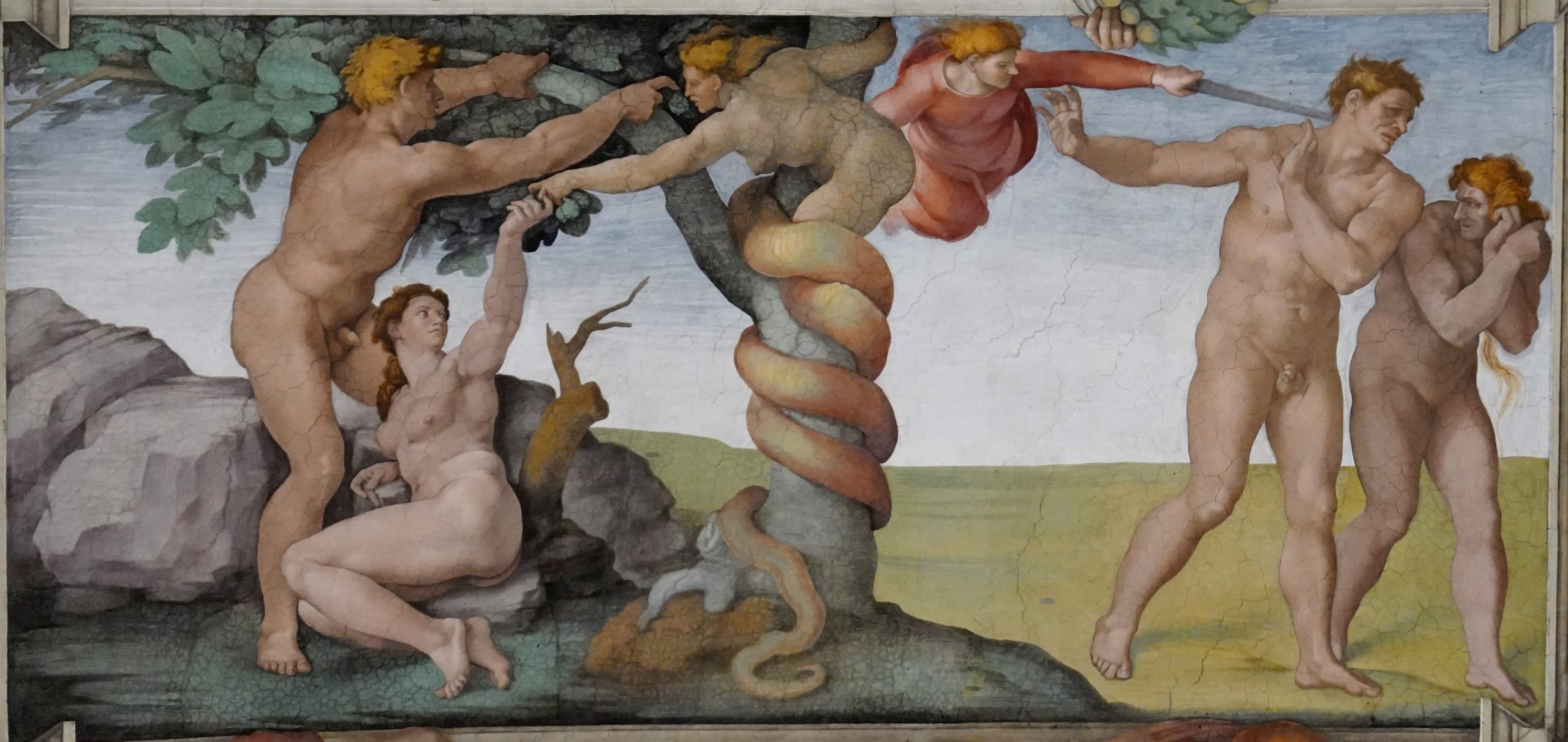 Michelangelo, The Fall and Expulsion from the Garden of Eden, Ceiling of the Sistine Chapel, fresco, 1508-12 (Vatican City, Rome). Photo by Richard Mortel, CC BY 2.0.