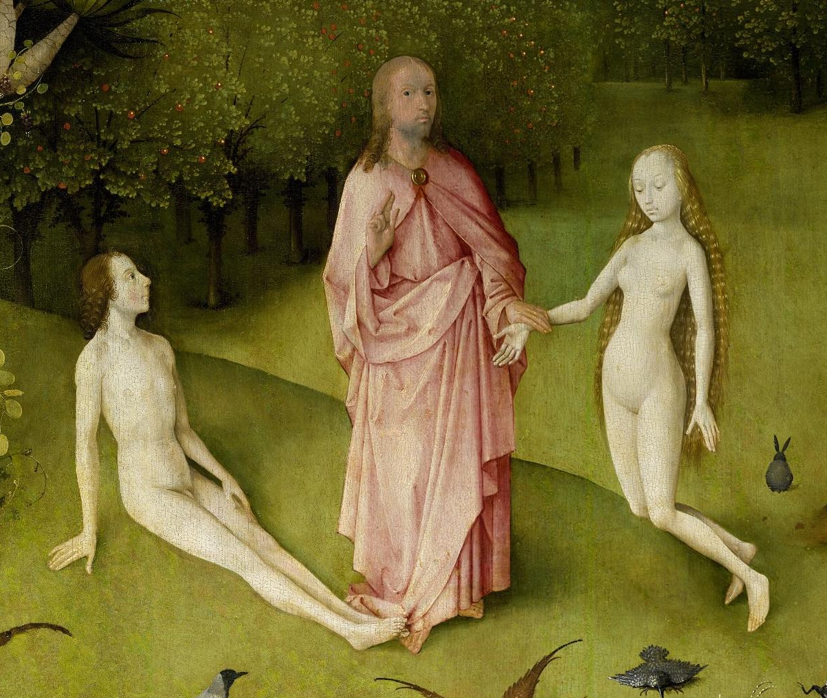 Hieronymus Bosch, The Garden of Earthly Delights (Detail of Adam and Eve), oil on oak plank, 1500-05 (Museo Nacional del Prado, Madrid). Photo: Public Domain.