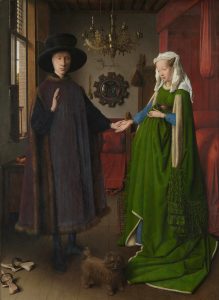 Jan van Eyck, Portrait of Giovanni Arnolfini and his Wife, oil on oak panel, 1434 (The National Gallery, London). Photo: Public Domain.