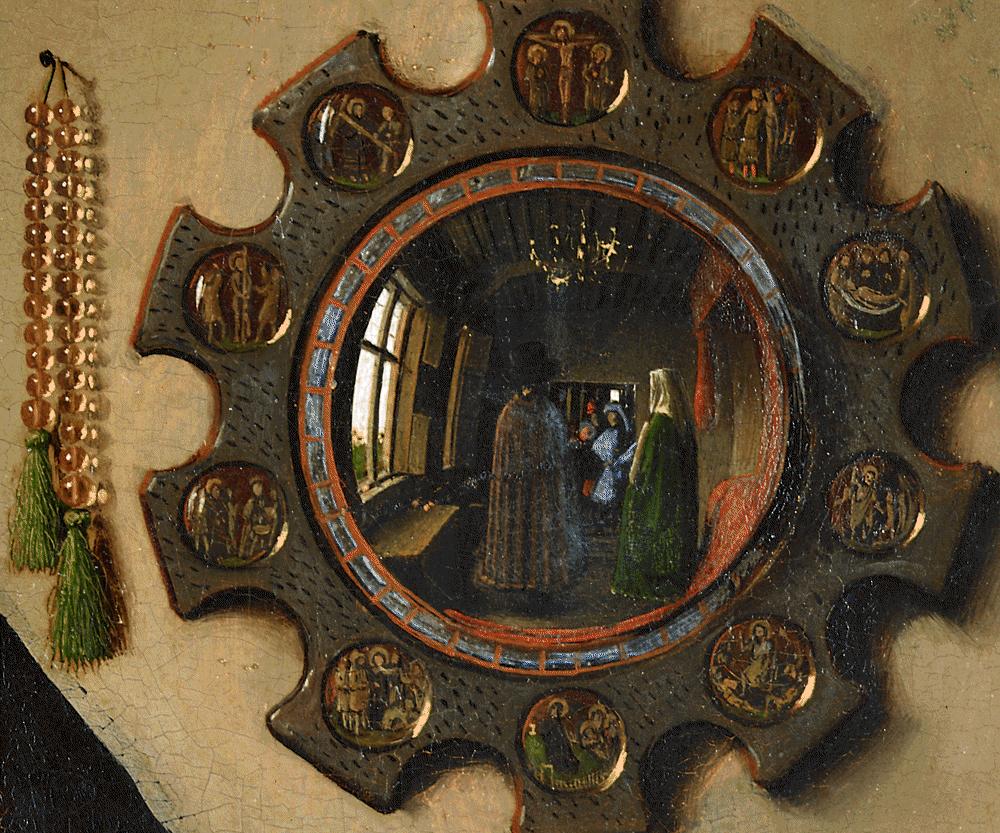 Jan van Eyck, Portrait of Giovanni Arnolfini and his Wife (Detail of Mirror), oil on oak panel, 1434 (The National Gallery, London). Photo by cea +, CC BY 2.0.