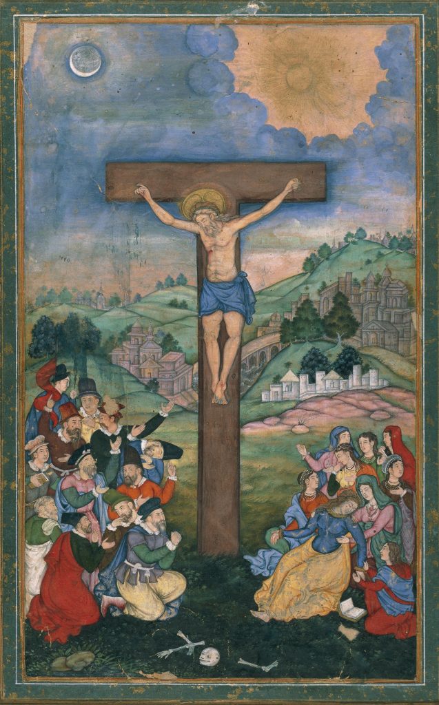 Attributed to Kesu Dás, Crucifixion, ink and color on paper, ca. 1590 (British Museum, London). Photo by the British Museum, CC BY-NC-SA 4.0.