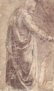 Michelangelo, Male Figure after Masaccio, red chalk, pen and brown ink, 1492-93 (Staatliche Gaphische Sammlung, Munich). Photo: Public Domain.