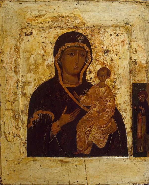 Our Lady Hodegetria, tempera on panel and gilding, 34.5x29 cm, Russia, Late 16th century CE, the Hermitage. Image: Public Domain.