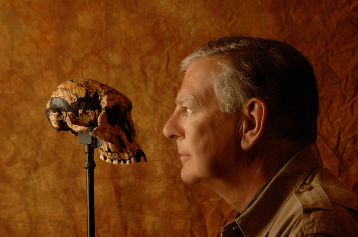 A gray-haired man looks eye-to-eye with a fossil cast.