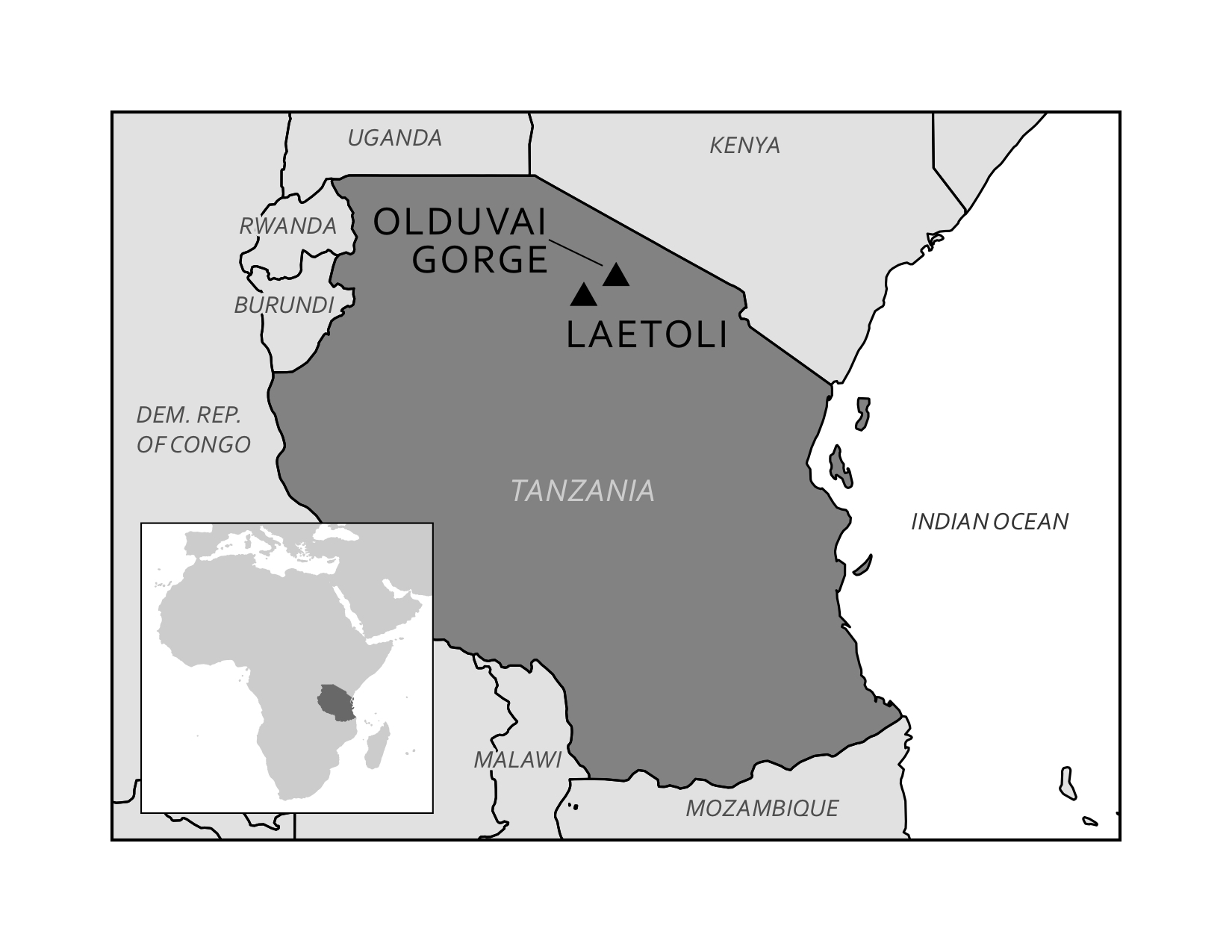 Eastern Africa map shows sites within Tanzania.
