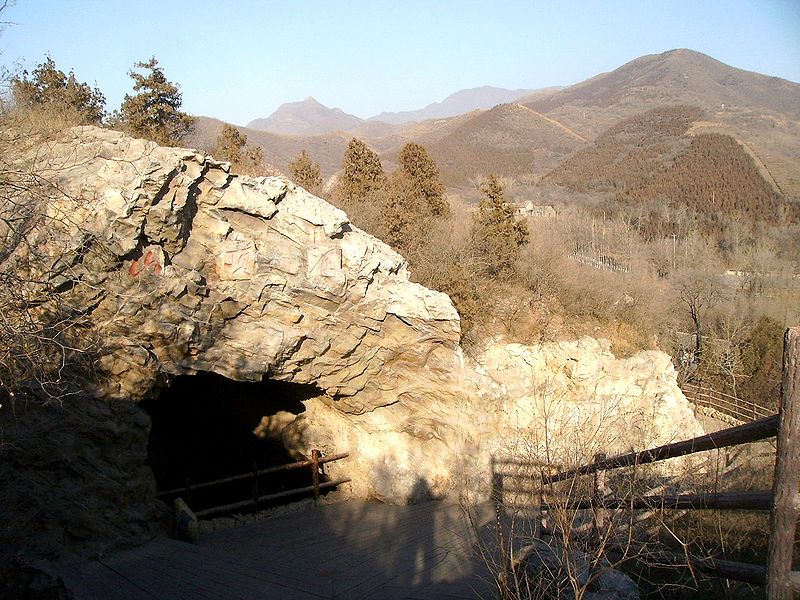 A cave opening amongst a dry wooded region.