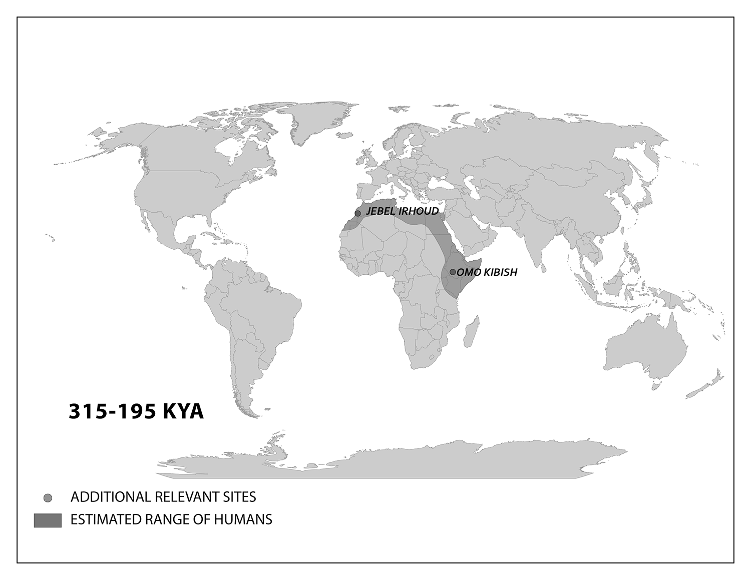 315 to 195 KYA. Northern to eastern coasts of Africa are shaded.