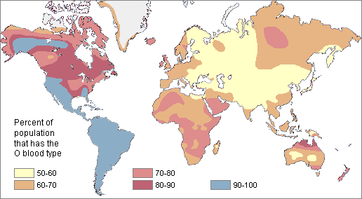 World map shows the highest frequencies of blood type O.