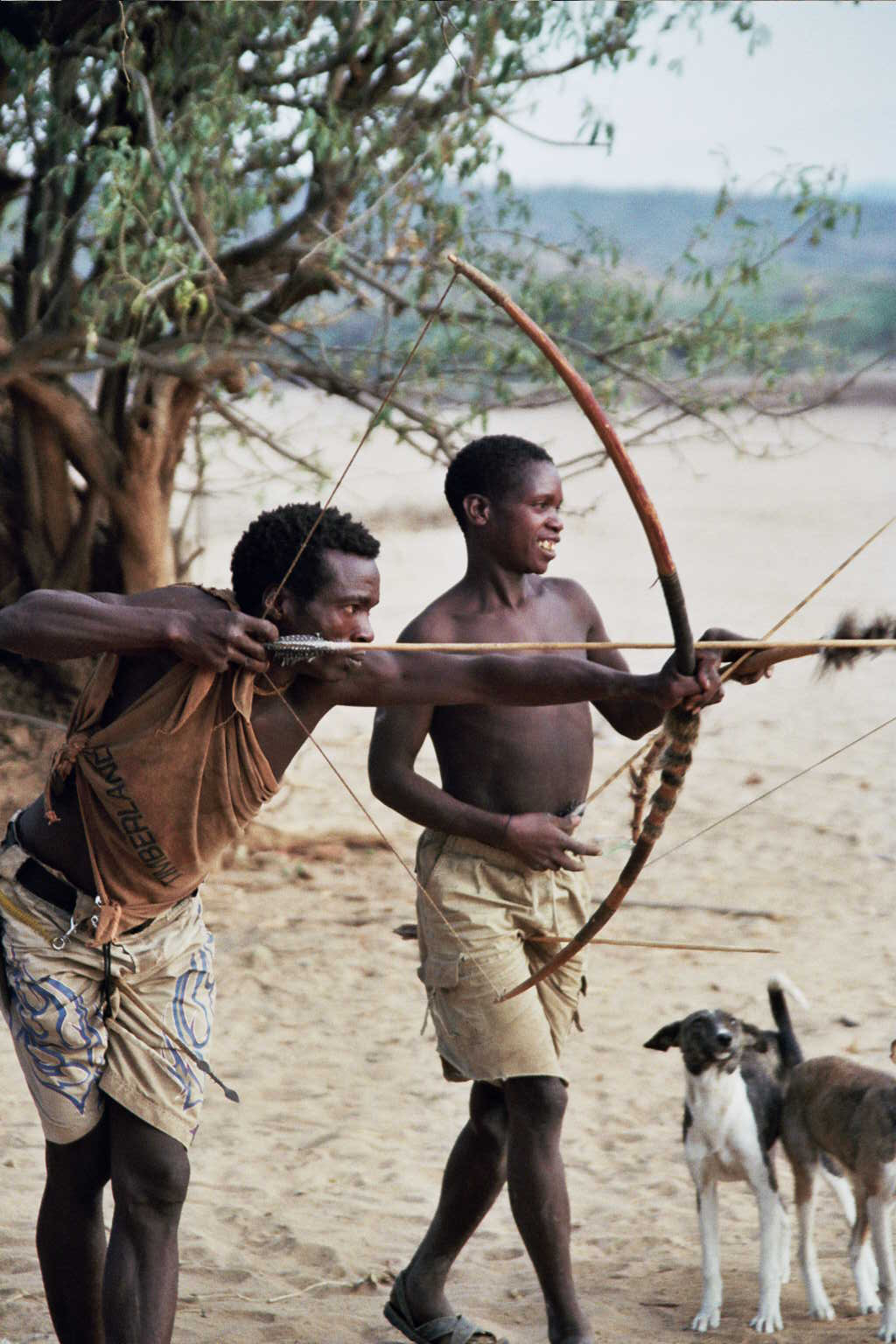 One man is shooting a bow and arrow; another man is carrying a bow with a dog beside him.