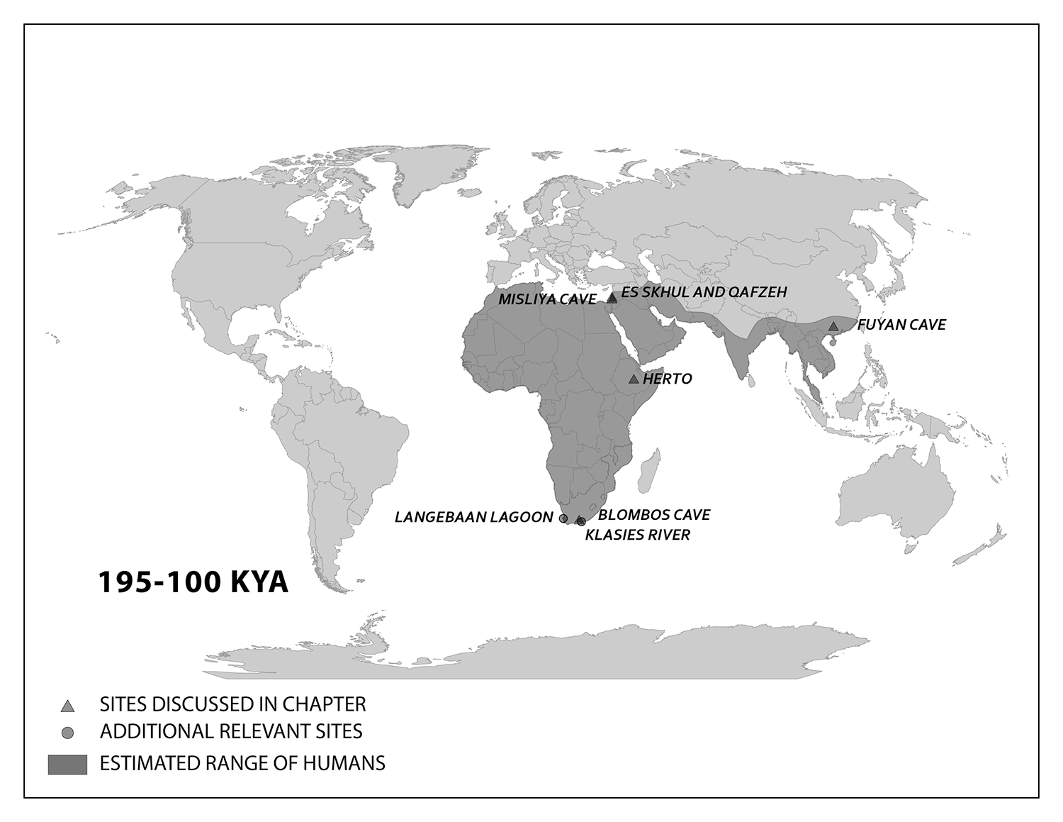 195-100 KYA. Africa, southern Europe and Asia are shaded