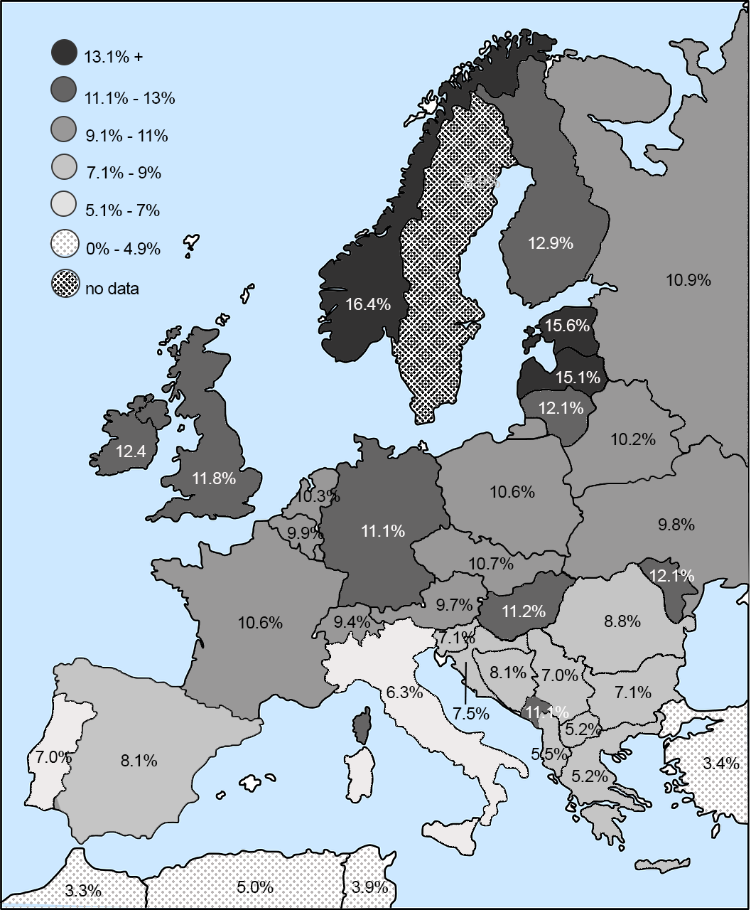 A political map of Europe and North Africa associated with percentages ranging from 0% to 16.4%.