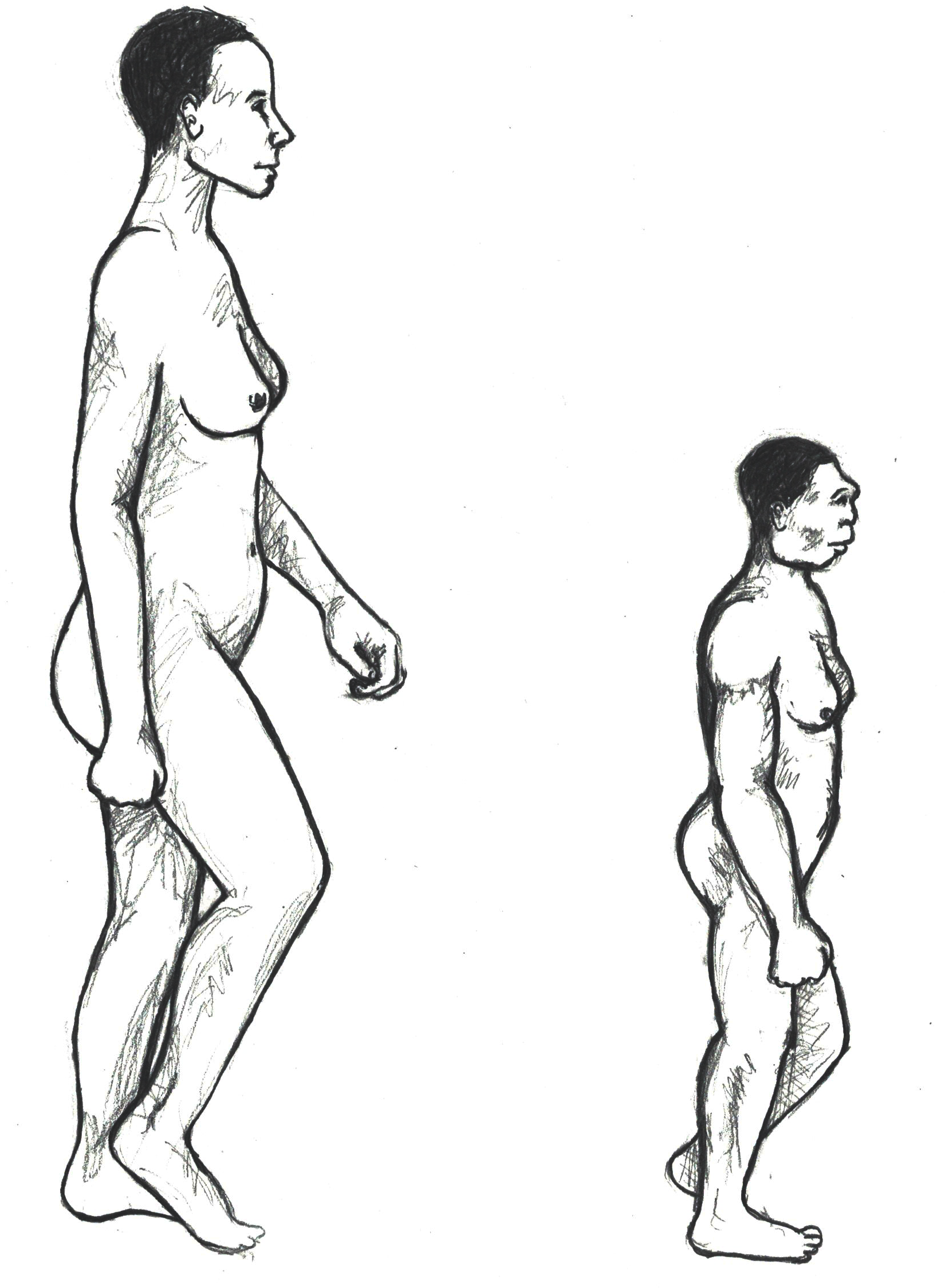 Black-and-white drawing of a large nude woman and a much smaller man.