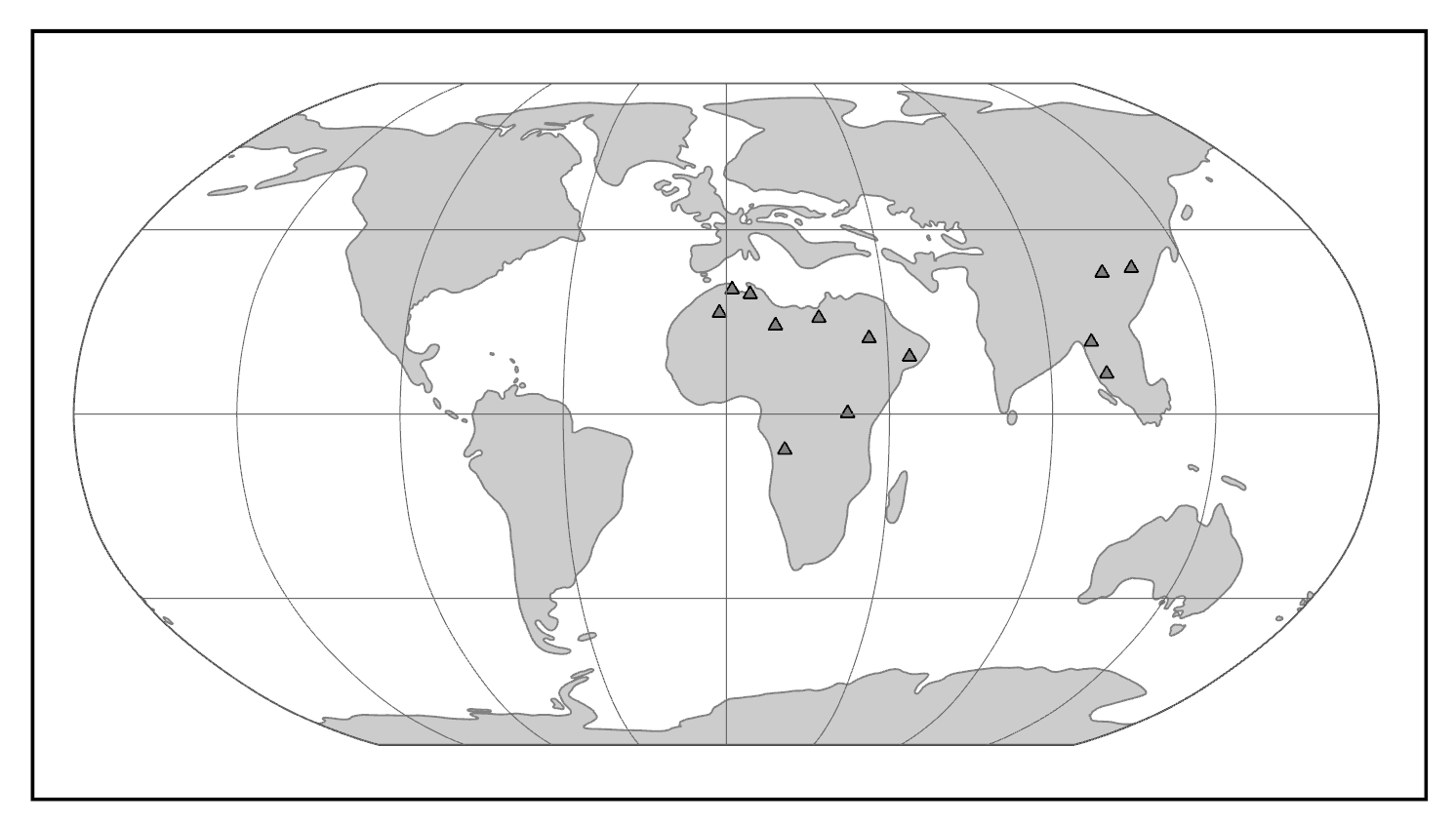 Map of world with gray continents.
