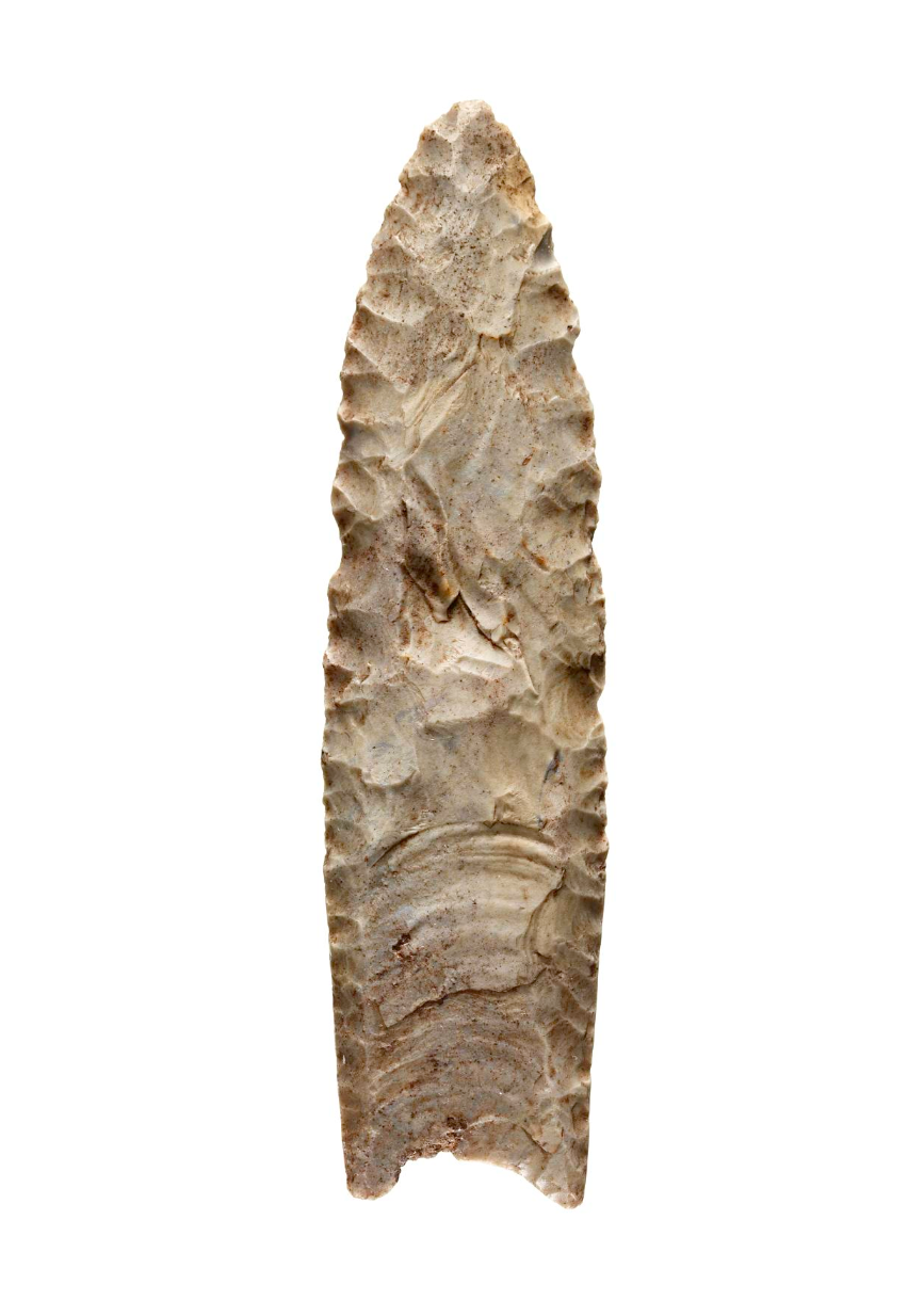 A long stone point with small chips around the edge.