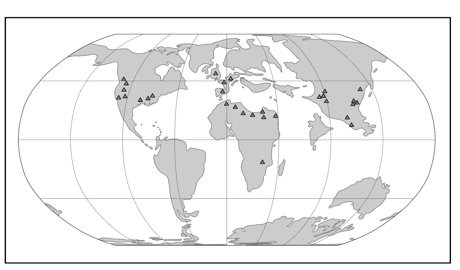 Global map with not fully formed continents and omomyoid localities.