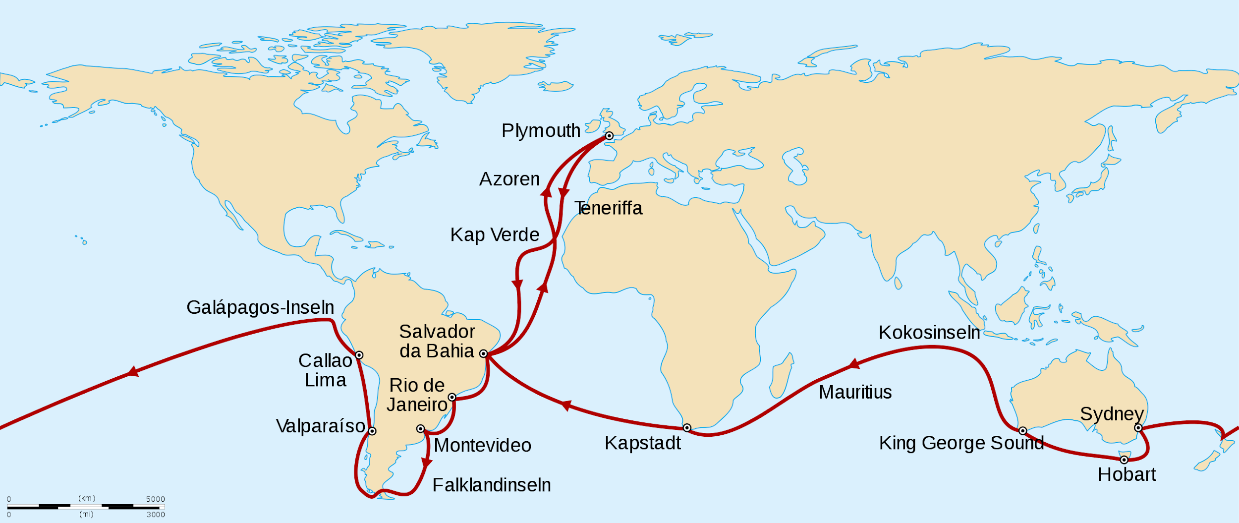 The voyage of the Beagle throughout the world.
