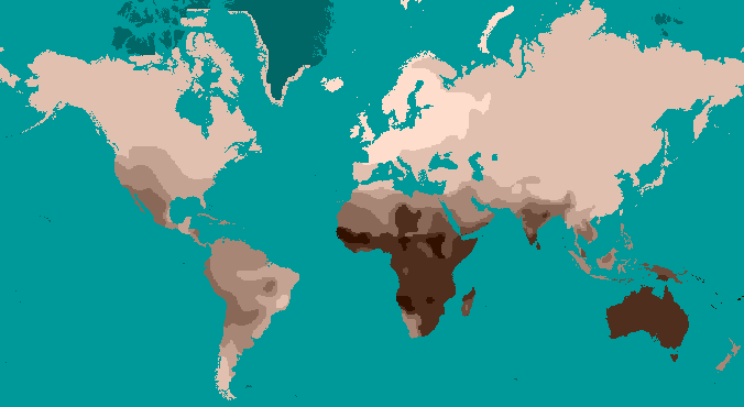 A global map shaded representing skin colors.
