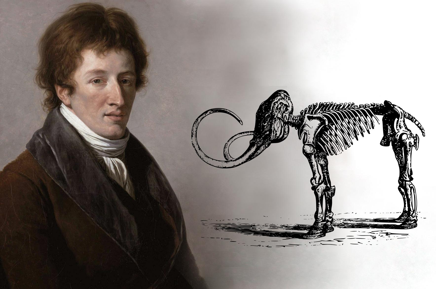 Historic painting of person with short wavy hair next to drawing of a mastodon skeleton.