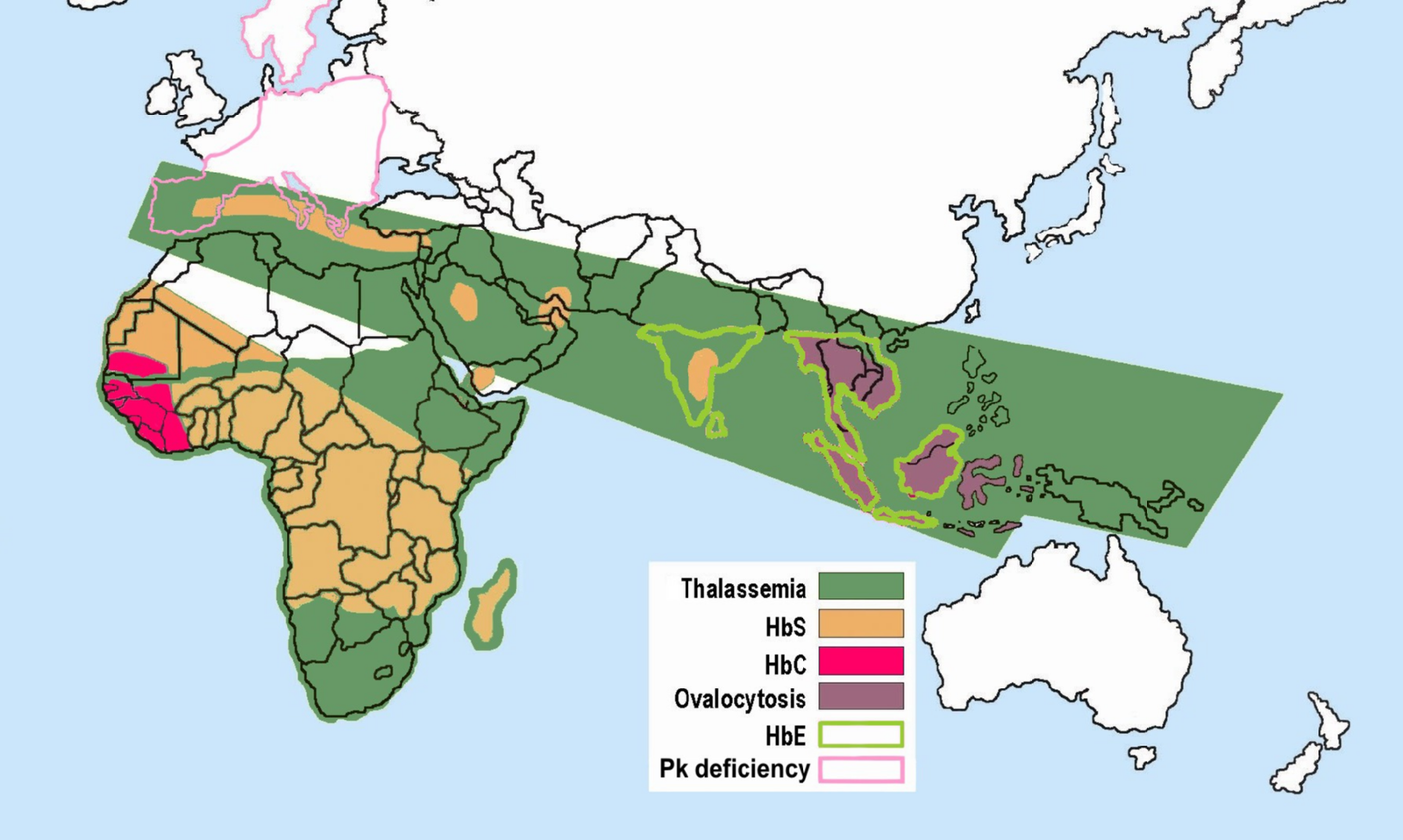 Map illustrating distribution of sickle cell and associated erythrocytic abnormalities for Africa and Asia.