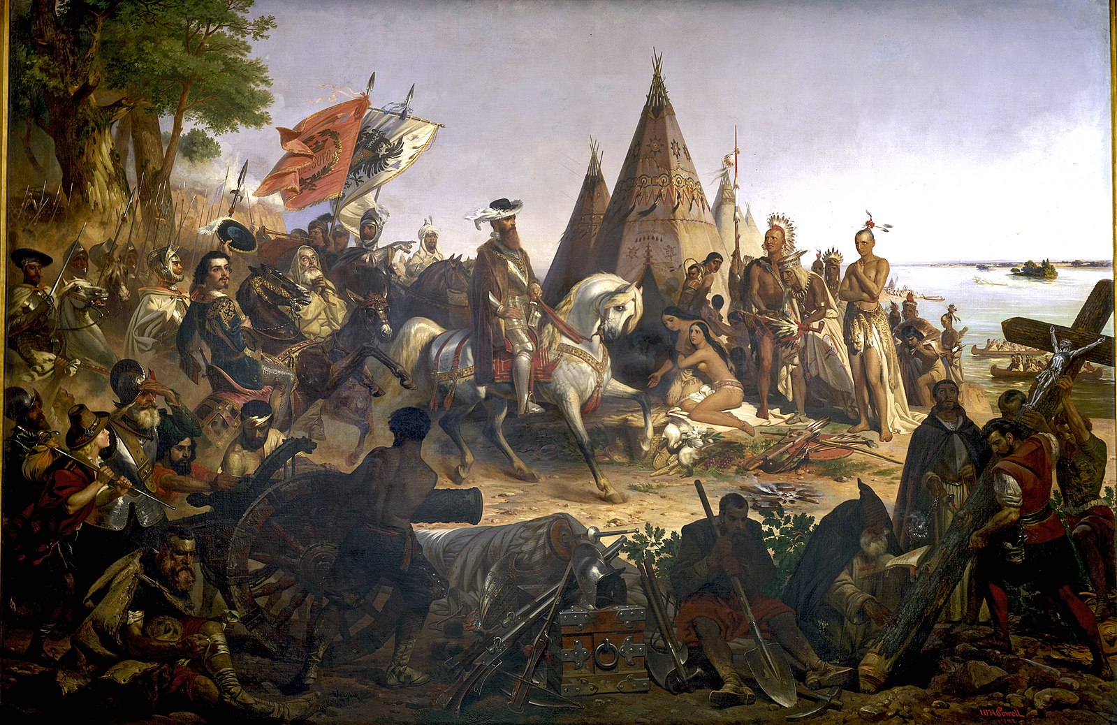 Spanish explorers with their military and religious gear surrounding indigenous people.