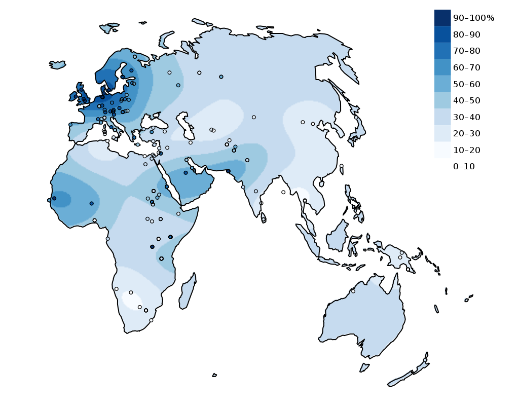 Map depicting the percentage of adults with lactase persistence in the eastern hemisphere.