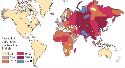 World map shows the highest frequencies of blood type B in parts of Asia.