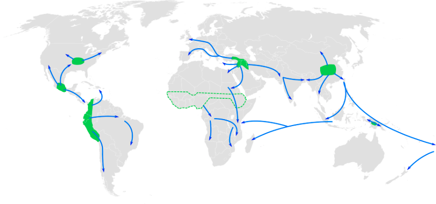Map shows that agriculture was invented in at least six parts of the world.