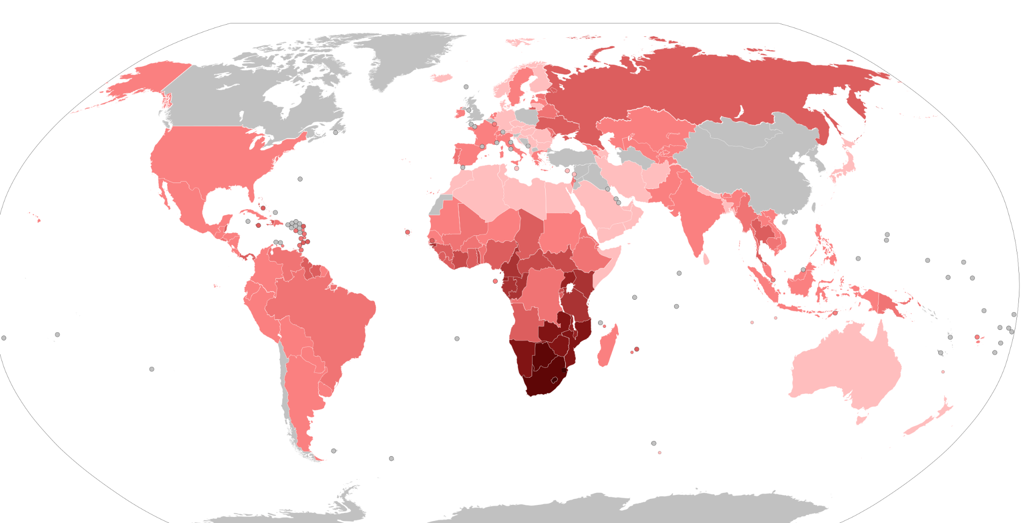 World map with different HIV infection rates throughout the world.
