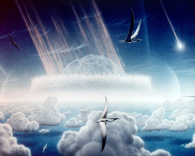 An asteroid hits the ocean. Pterodactyls fly among clouds in the foreground.